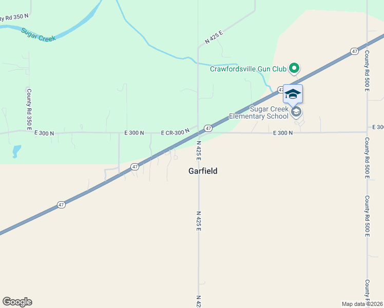 map of restaurants, bars, coffee shops, grocery stores, and more near 2905 North 425 East in Crawfordsville