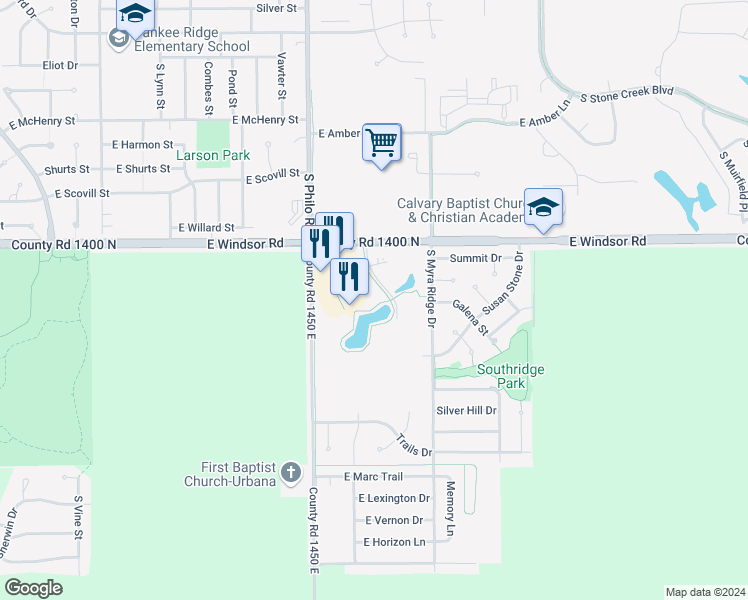 map of restaurants, bars, coffee shops, grocery stores, and more near 2805 Boulder Drive in Urbana