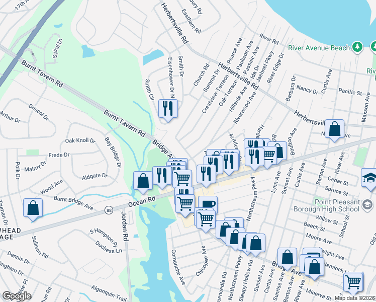 map of restaurants, bars, coffee shops, grocery stores, and more near 3401 Bridge Avenue in Point Pleasant