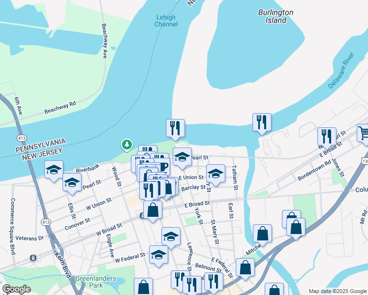 map of restaurants, bars, coffee shops, grocery stores, and more near 213 East Pearl Street in Burlington