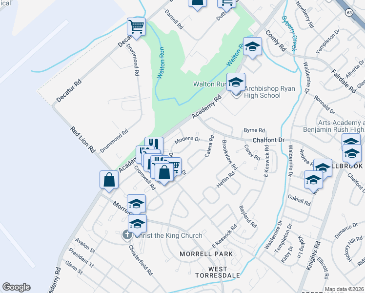 map of restaurants, bars, coffee shops, grocery stores, and more near 10835 Harrow Road in Philadelphia