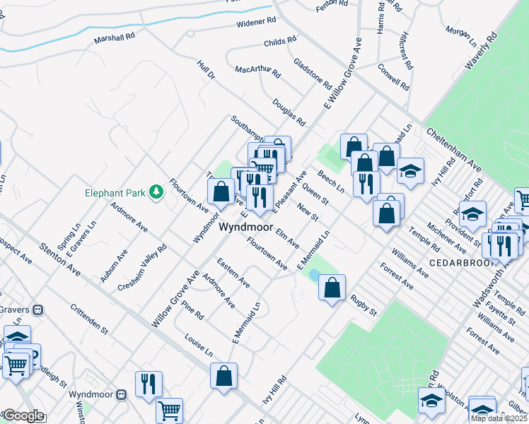 map of restaurants, bars, coffee shops, grocery stores, and more near 7821 Elm Avenue in Wyndmoor