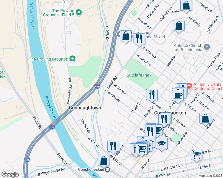 map of restaurants, bars, coffee shops, grocery stores, and more near 286 West 5th Avenue in Conshohocken