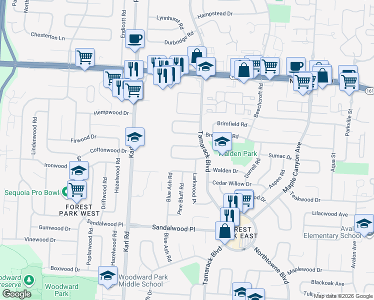 map of restaurants, bars, coffee shops, grocery stores, and more near 1734 Rocky Pine Loop South in Columbus