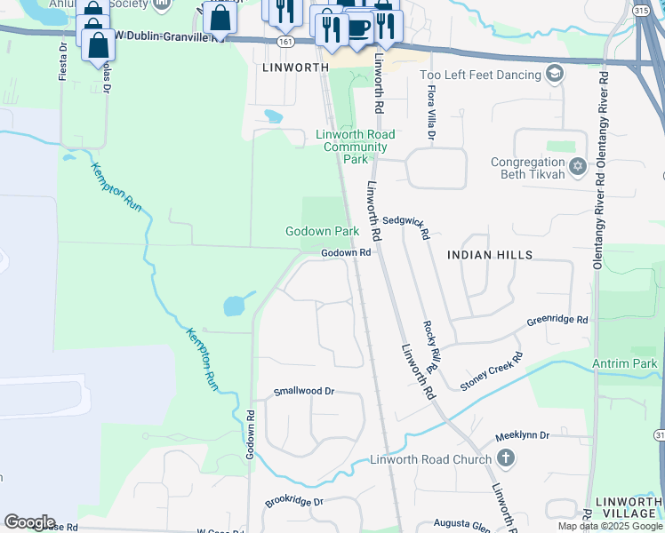 map of restaurants, bars, coffee shops, grocery stores, and more near 1281 Island Bay Drive in Columbus