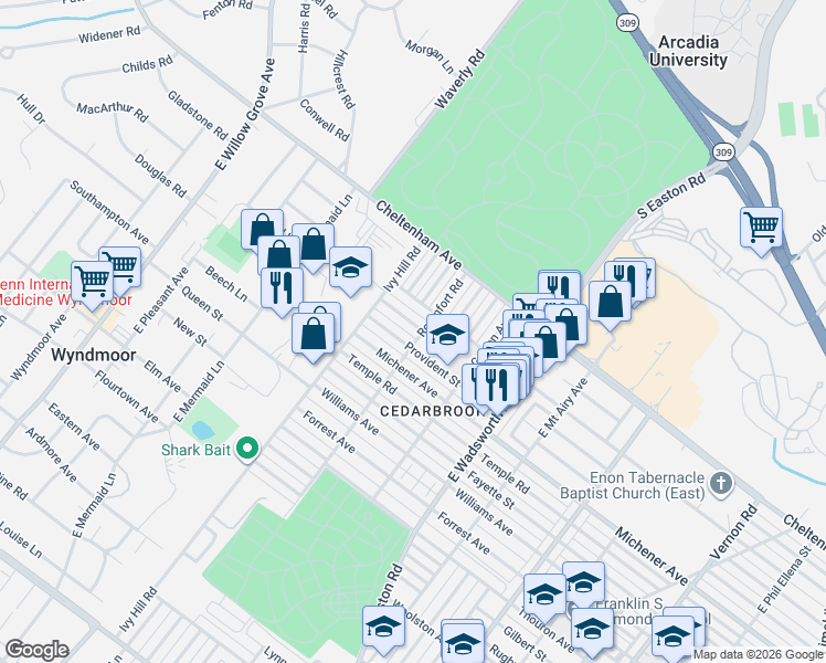 map of restaurants, bars, coffee shops, grocery stores, and more near 8604 Bayard Street in Philadelphia