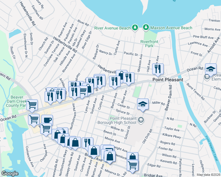 map of restaurants, bars, coffee shops, grocery stores, and more near 2600 New Jersey 88 in Point Pleasant