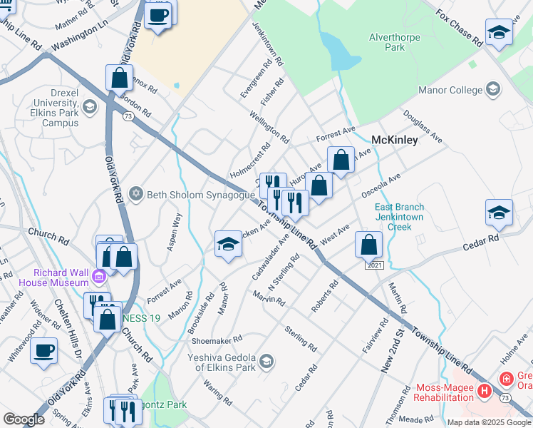 map of restaurants, bars, coffee shops, grocery stores, and more near 523 Bethan Road in Elkins Park