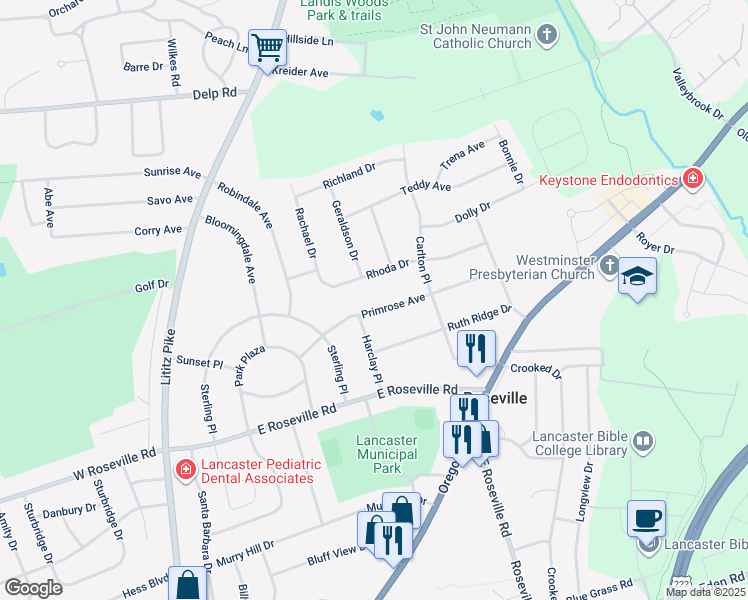 map of restaurants, bars, coffee shops, grocery stores, and more near 311 Primrose Avenue in Lancaster