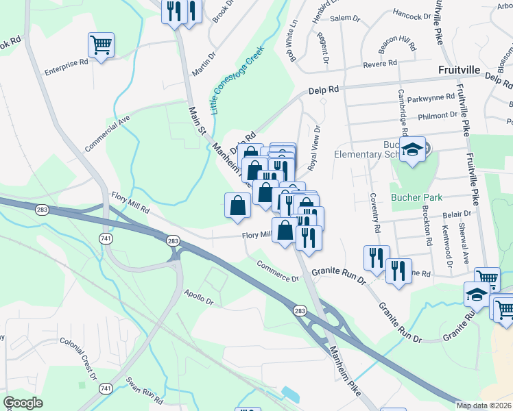 map of restaurants, bars, coffee shops, grocery stores, and more near 1630 Manheim Pike in Lancaster