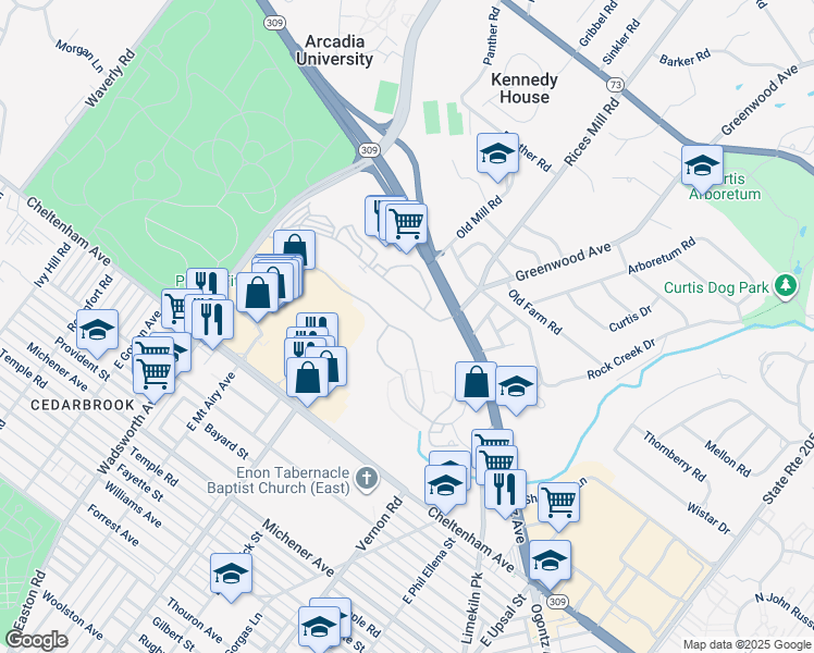 map of restaurants, bars, coffee shops, grocery stores, and more near 58 Old Cedarbrook Road in Wyncote