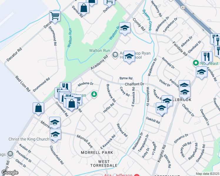 map of restaurants, bars, coffee shops, grocery stores, and more near 3519 Brookview Road in Philadelphia