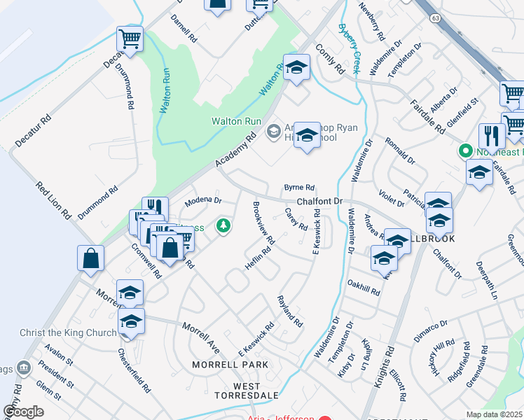 map of restaurants, bars, coffee shops, grocery stores, and more near 3519 Brookview Road in Philadelphia
