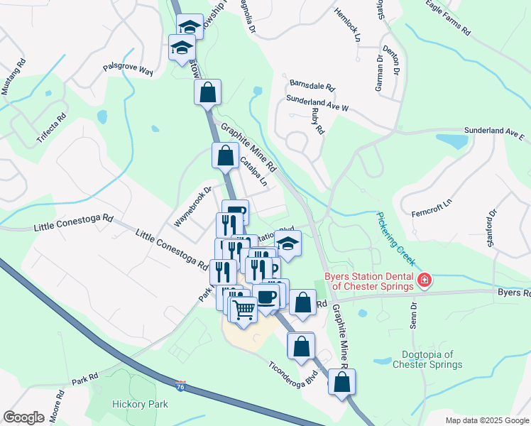 map of restaurants, bars, coffee shops, grocery stores, and more near 258 Iris Lane in Chester Springs