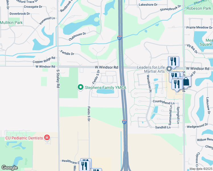 map of restaurants, bars, coffee shops, grocery stores, and more near 2506 Fields South Drive in Champaign