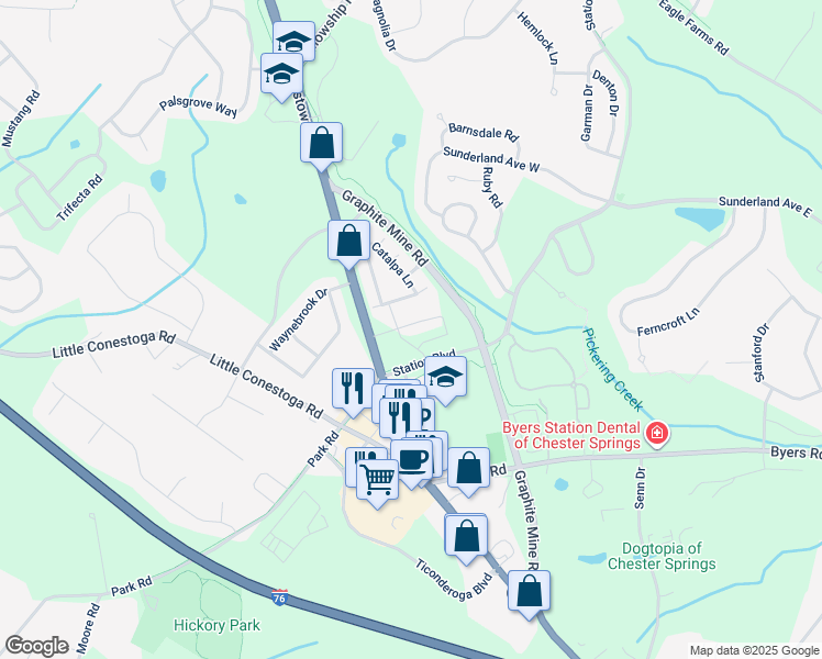 map of restaurants, bars, coffee shops, grocery stores, and more near 258 Iris Lane in Chester Springs