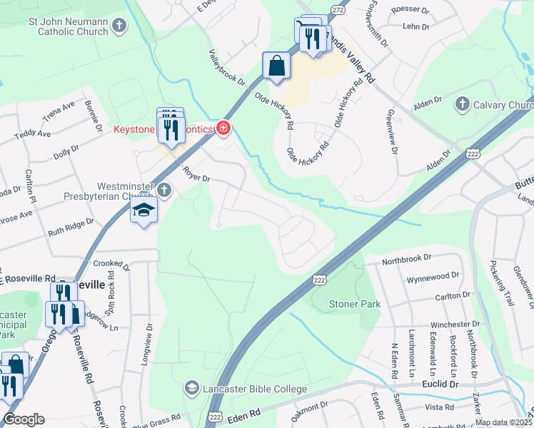 map of restaurants, bars, coffee shops, grocery stores, and more near 577 Hannigan Drive in Lancaster