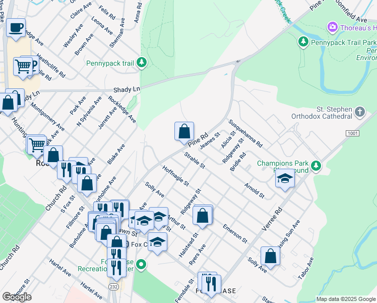 map of restaurants, bars, coffee shops, grocery stores, and more near 405 Strahle Street in Philadelphia