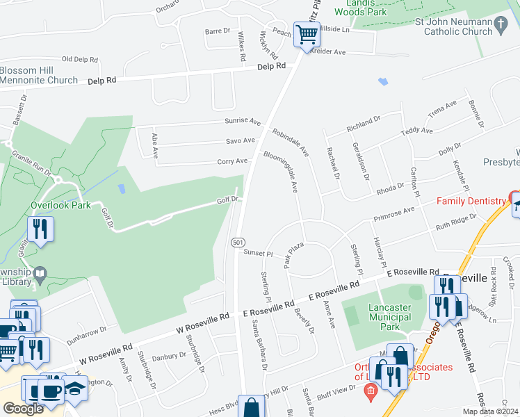 map of restaurants, bars, coffee shops, grocery stores, and more near 2039 Lititz Pike in Lancaster