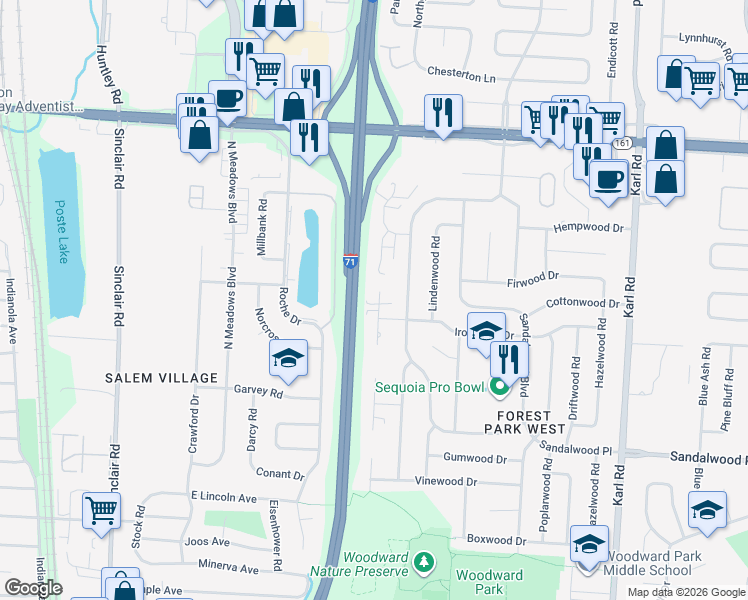 map of restaurants, bars, coffee shops, grocery stores, and more near 1166 Ironwood Drive in Columbus