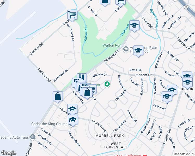 map of restaurants, bars, coffee shops, grocery stores, and more near 10828 Harrow Road in Philadelphia
