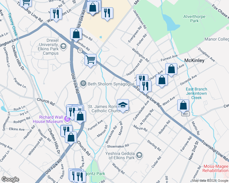 map of restaurants, bars, coffee shops, grocery stores, and more near 8363 Fisher Road in Elkins Park