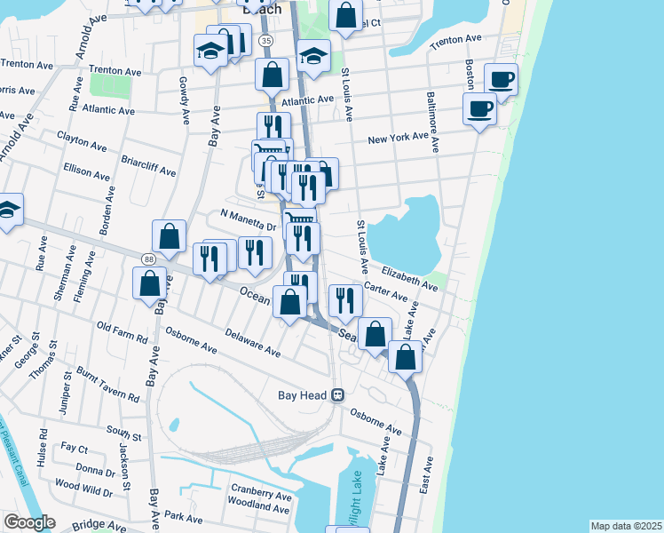 map of restaurants, bars, coffee shops, grocery stores, and more near 417 Carter Avenue in Point Pleasant Beach
