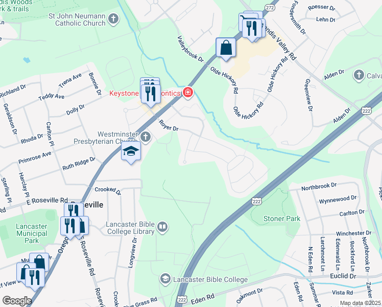 map of restaurants, bars, coffee shops, grocery stores, and more near 537 Hannigan Drive in Lancaster