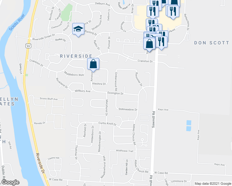 map of restaurants, bars, coffee shops, grocery stores, and more near Essington Dr & Emberwood Rd in Columbus