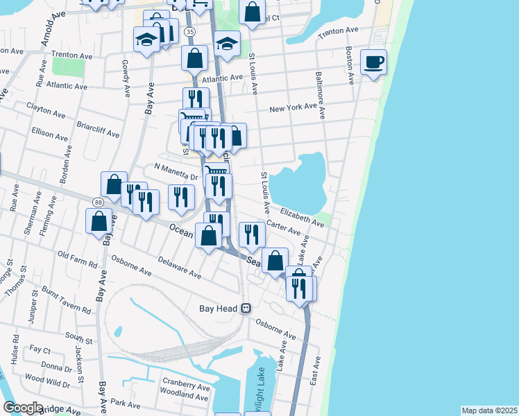 map of restaurants, bars, coffee shops, grocery stores, and more near 325 Carter Avenue in Point Pleasant Beach