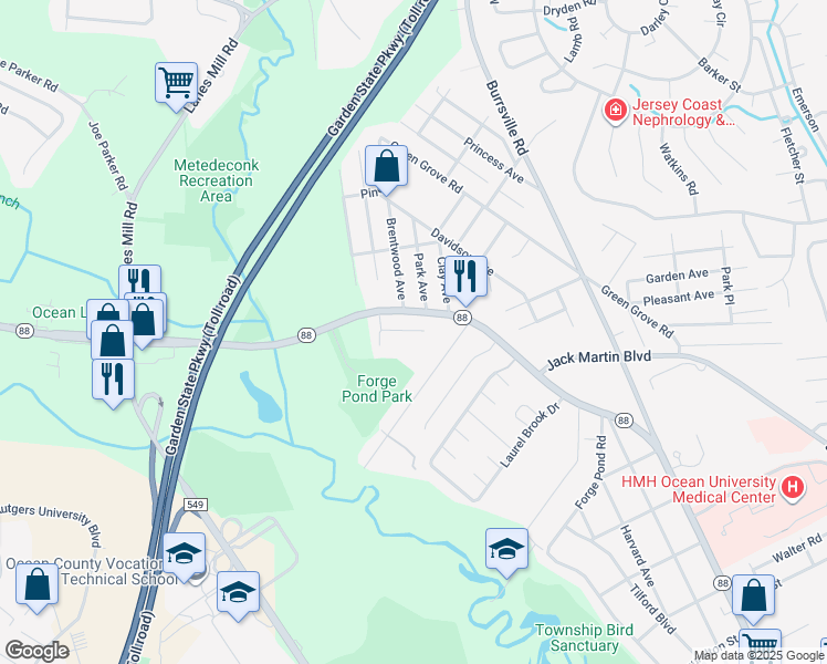 map of restaurants, bars, coffee shops, grocery stores, and more near 1461 New Jersey 88 in Brick Township