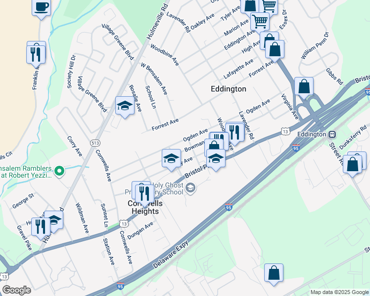 map of restaurants, bars, coffee shops, grocery stores, and more near 2476 Bowman Avenue in Cornwells Heights
