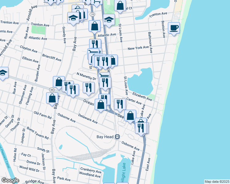 map of restaurants, bars, coffee shops, grocery stores, and more near 417 Carter Avenue in Point Pleasant Beach