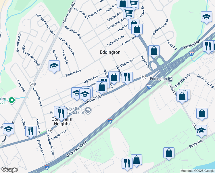 map of restaurants, bars, coffee shops, grocery stores, and more near 2591 Finley Avenue in Bensalem