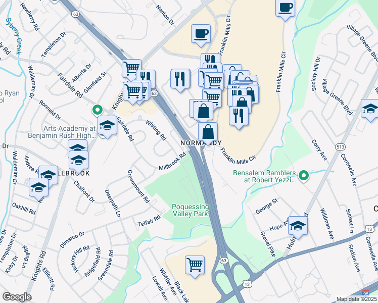 map of restaurants, bars, coffee shops, grocery stores, and more near 12055 Millbrook Road in Philadelphia