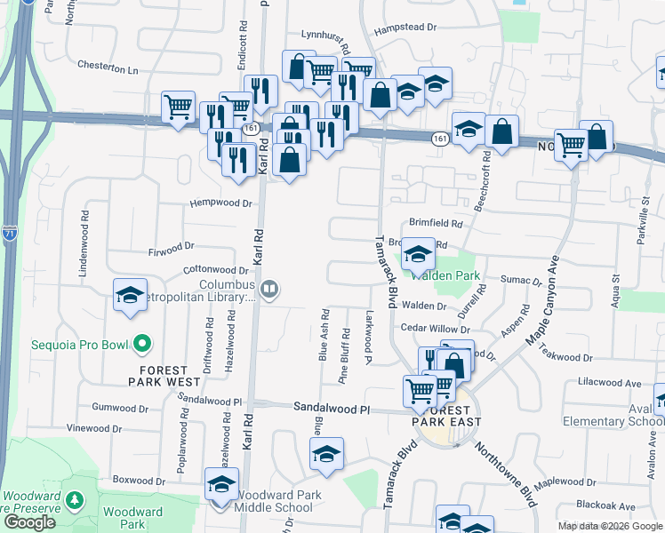 map of restaurants, bars, coffee shops, grocery stores, and more near 5579 Rocky Pine Loop North in Columbus