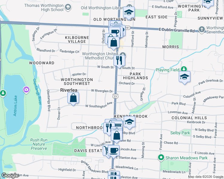 map of restaurants, bars, coffee shops, grocery stores, and more near 5811 North High Street in Columbus