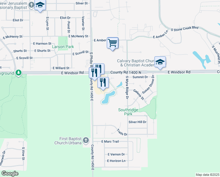 map of restaurants, bars, coffee shops, grocery stores, and more near 2805 Boulder Drive in Urbana