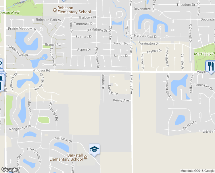 map of restaurants, bars, coffee shops, grocery stores, and more near 2507A Leeper Drive in Champaign