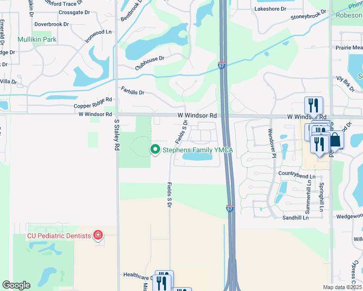 map of restaurants, bars, coffee shops, grocery stores, and more near 2505 Fields South Drive in Champaign