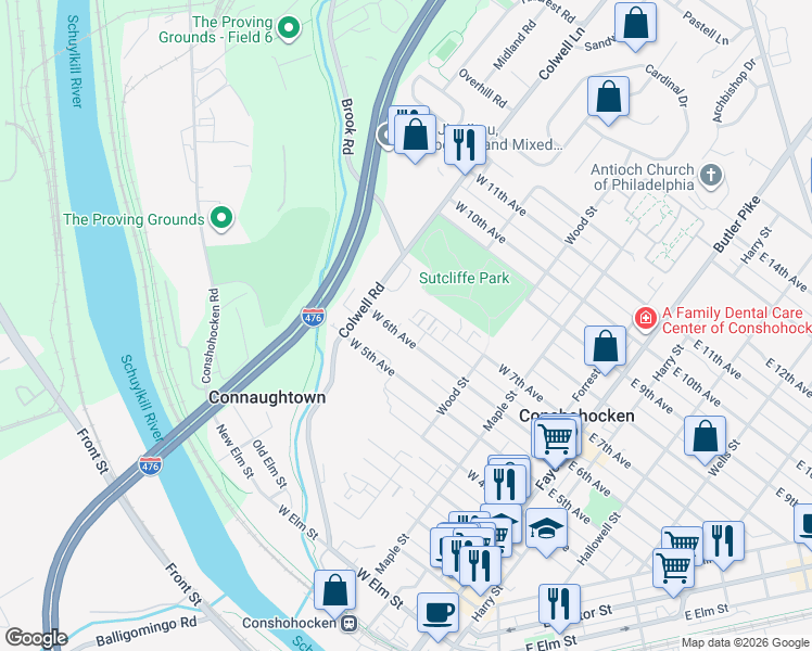 map of restaurants, bars, coffee shops, grocery stores, and more near 431 West 6th Avenue in Conshohocken
