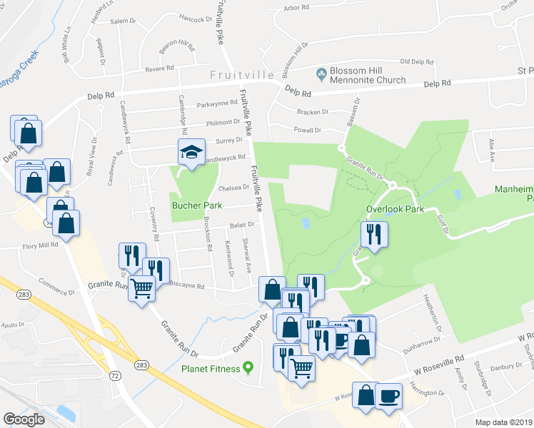 map of restaurants, bars, coffee shops, grocery stores, and more near 2157 Fruitville Pike in Lancaster