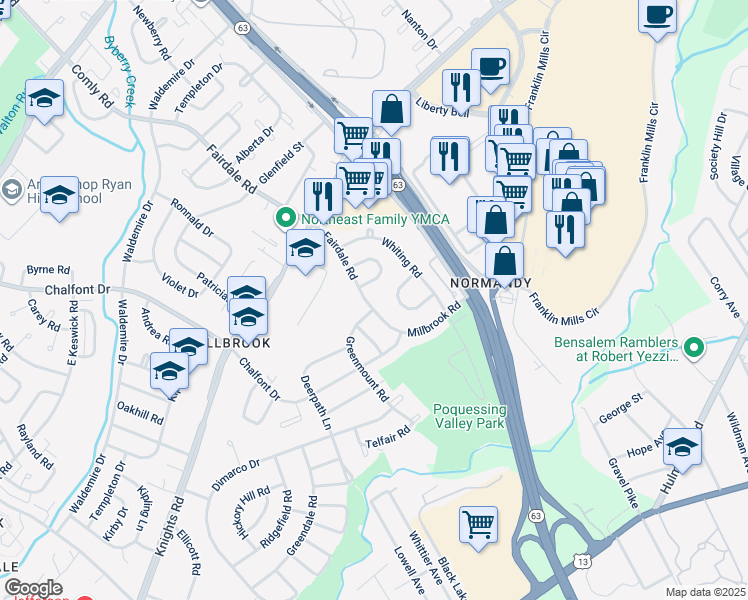 map of restaurants, bars, coffee shops, grocery stores, and more near 4217 Fairdale Road in Philadelphia