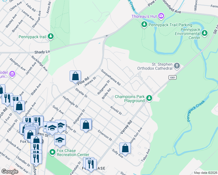 map of restaurants, bars, coffee shops, grocery stores, and more near 8511 Bridle Road in Philadelphia