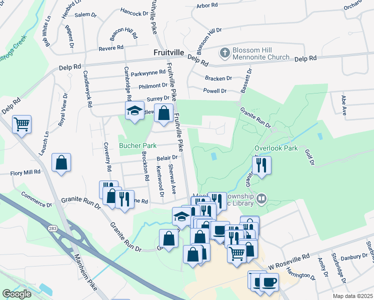 map of restaurants, bars, coffee shops, grocery stores, and more near 2157 Fruitville Pike in Lancaster