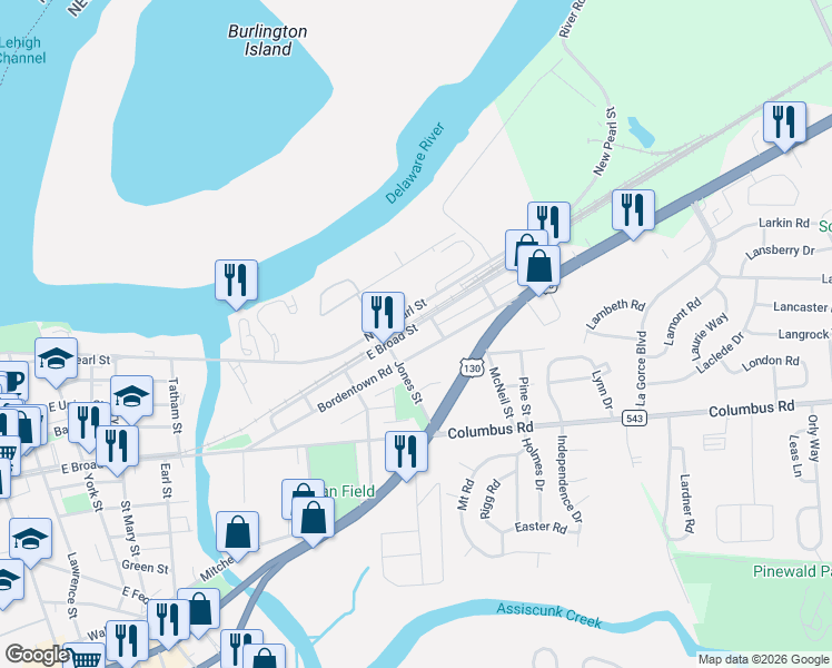map of restaurants, bars, coffee shops, grocery stores, and more near 909 Bordentown Road in Burlington