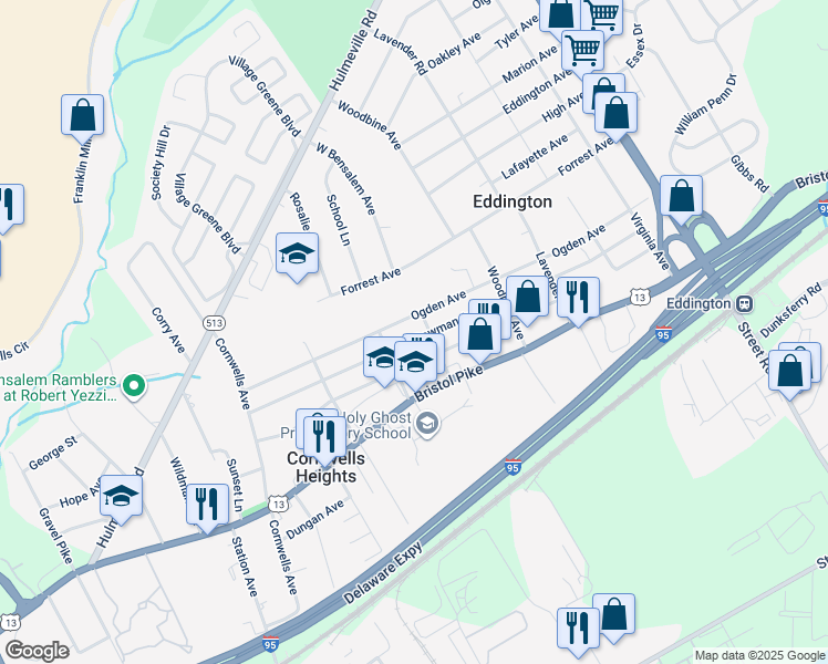 map of restaurants, bars, coffee shops, grocery stores, and more near 2476 Bowman Avenue in Cornwells Heights