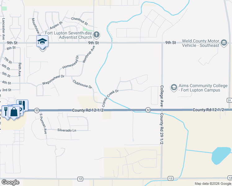 map of restaurants, bars, coffee shops, grocery stores, and more near 2160 Coyote Creek Drive in Fort Lupton