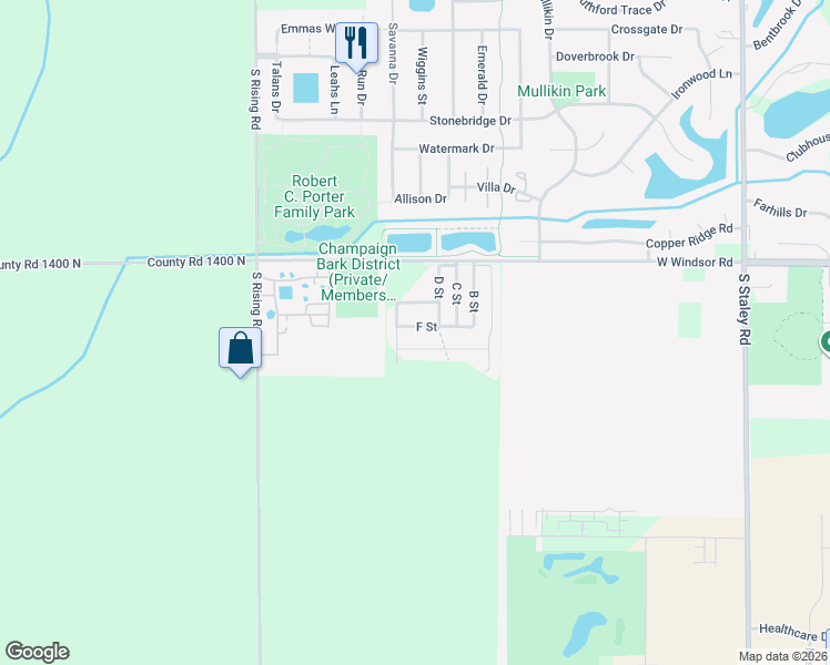 map of restaurants, bars, coffee shops, grocery stores, and more near 4809 Windsor Road in Champaign