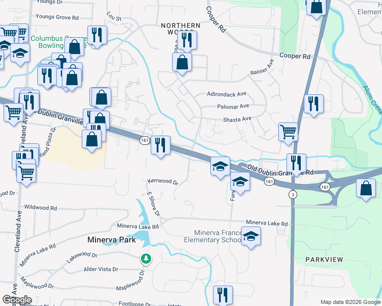 map of restaurants, bars, coffee shops, grocery stores, and more near State Route 161 & Ponderosa Dr in Columbus